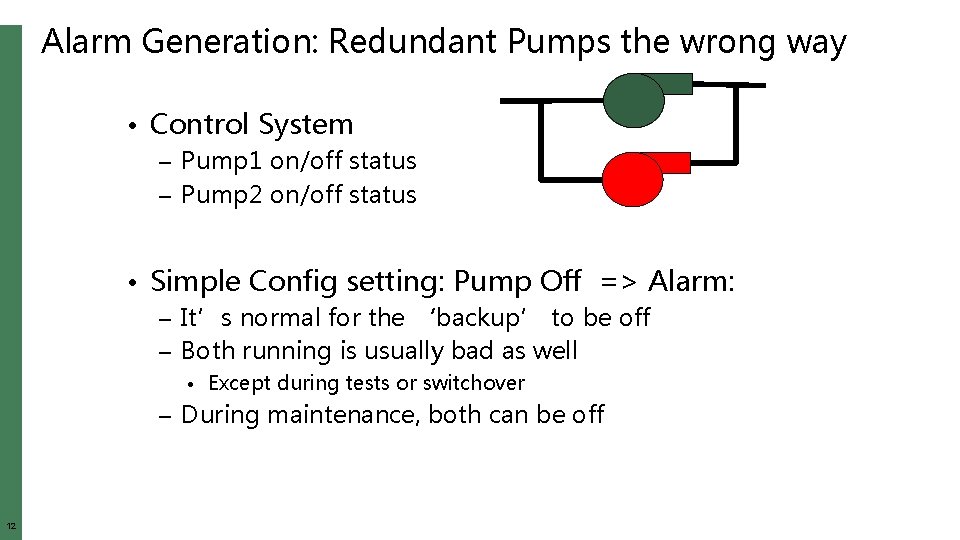 Alarm Generation: Redundant Pumps the wrong way • Control System – Pump 1 on/off