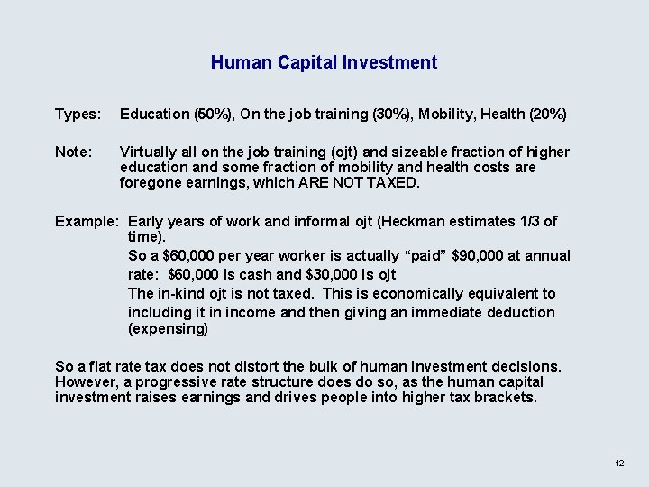 Human Capital Investment Types: Education (50%), On the job training (30%), Mobility, Health (20%)