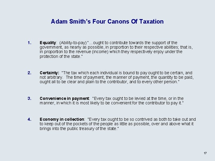 Adam Smith’s Four Canons Of Taxation 1. Equality: (Ability-to-pay) “…ought to contribute towards the