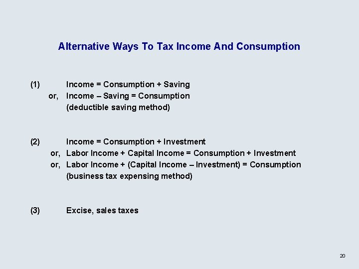 Alternative Ways To Tax Income And Consumption (1) Income = Consumption + Saving or,