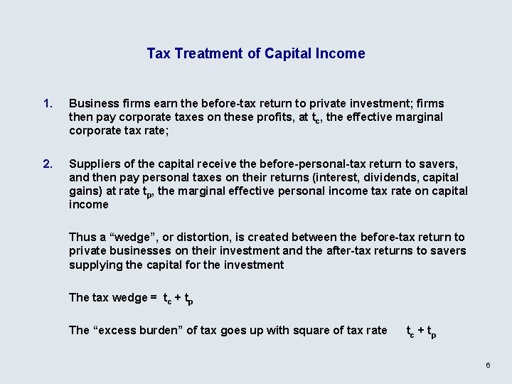 Tax Treatment of Capital Income 1. 2. Business firms earn the before-tax return to