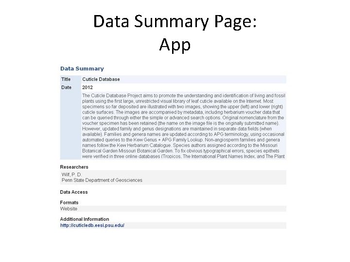 Data Summary Page: App 