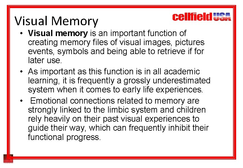 Visual Memory • Visual memory is an important function of creating memory files of