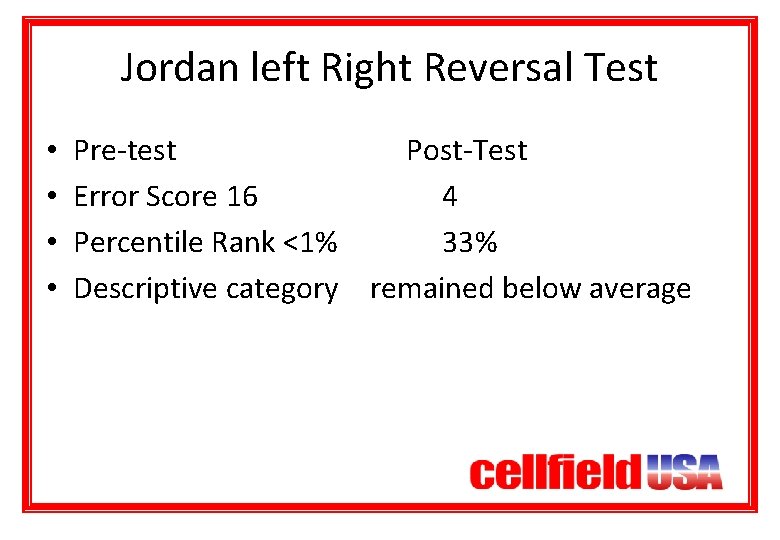 Jordan left Right Reversal Test • • Pre-test Post-Test Error Score 16 4 Percentile