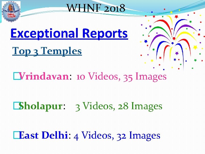 WHNF 2018 Exceptional Reports Top 3 Temples �Vrindavan: 10 Videos, 35 Images �Sholapur: 3