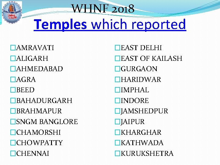 WHNF 2018 Temples which reported �AMRAVATI �ALIGARH �AHMEDABAD �AGRA �BEED �BAHADURGARH �BRAHMAPUR �SNGM BANGLORE