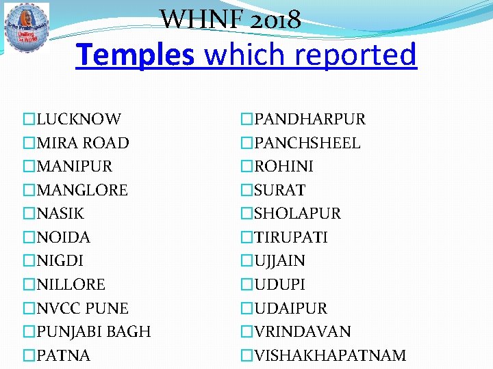 WHNF 2018 Temples which reported �LUCKNOW �MIRA ROAD �MANIPUR �MANGLORE �NASIK �NOIDA �NIGDI �NILLORE