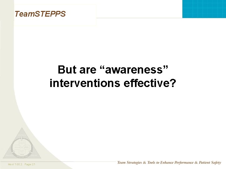 Team. STEPPS But are “awareness” interventions effective? Mod 1 05. 2 Page 21 TEAMSTEPPS