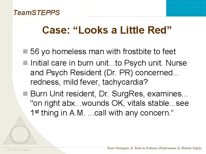 Team. STEPPS Case: “Looks a Little Red” n 56 yo homeless man with frostbite