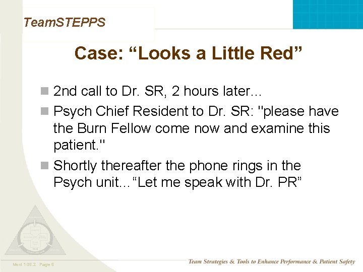 Team. STEPPS Case: “Looks a Little Red” n 2 nd call to Dr. SR,