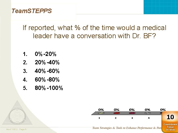 Team. STEPPS If reported, what % of the time would a medical leader have