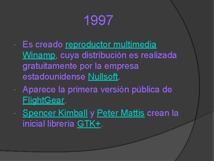 1997 Es creado reproductor multimedia Winamp, cuya distribución es realizada gratuitamente por la empresa