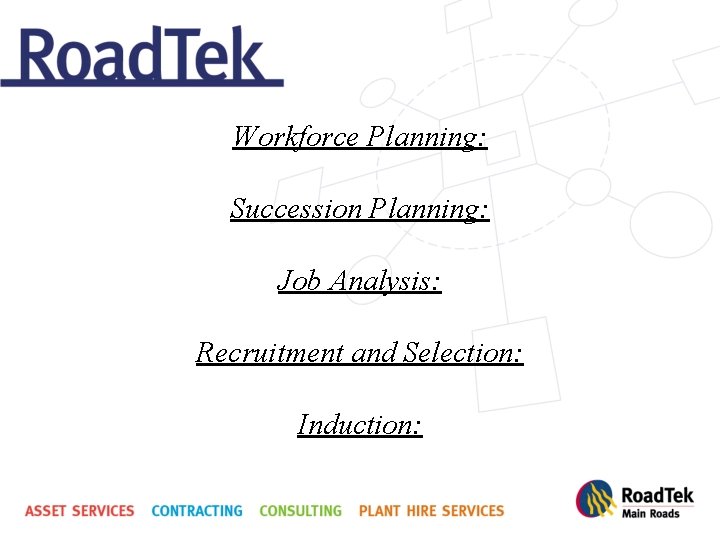 Workforce Planning: Succession Planning: Job Analysis: Recruitment and Selection: Induction: 