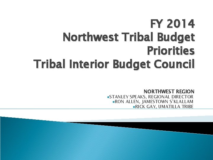 FY 2014 Northwest Tribal Budget Priorities Tribal Interior Budget Council l. STANLEY NORTHWEST REGION