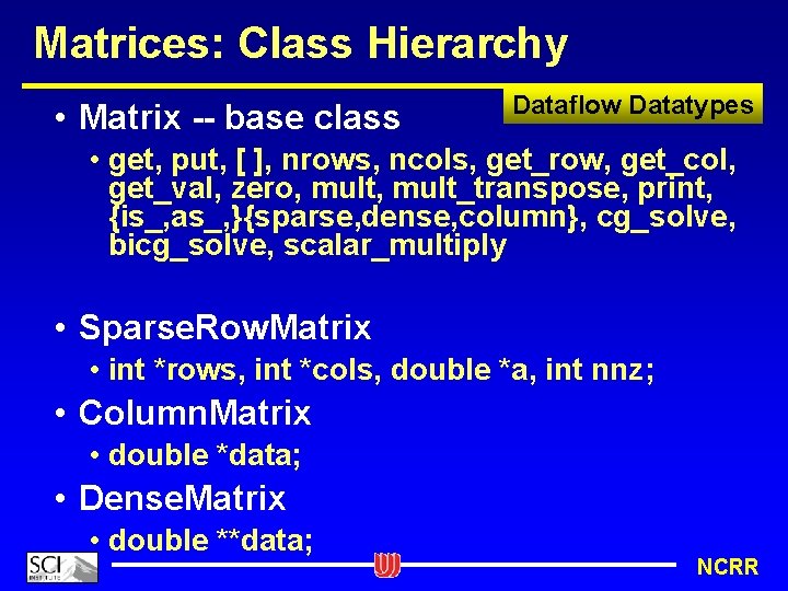 Matrices: Class Hierarchy • Matrix -- base class Dataflow Datatypes • get, put, [