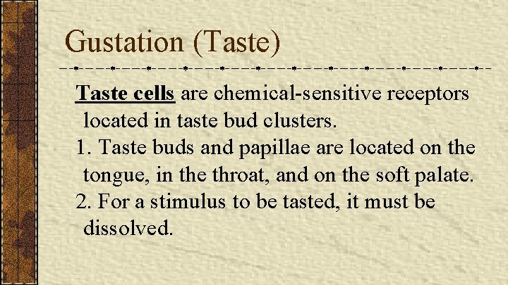 Gustation (Taste) Taste cells are chemical-sensitive receptors located in taste bud clusters. 1. Taste