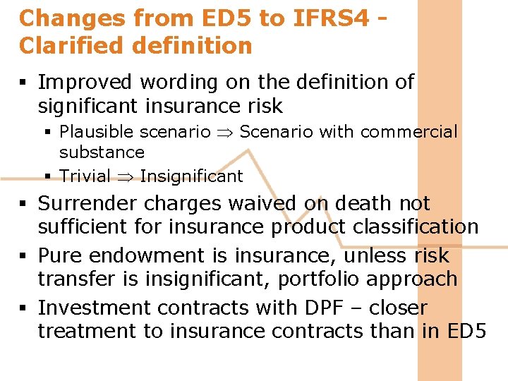 Changes from ED 5 to IFRS 4 Clarified definition § Improved wording on the Changes from ED 5 to IFRS 4 Clarified definition § Improved wording on the
