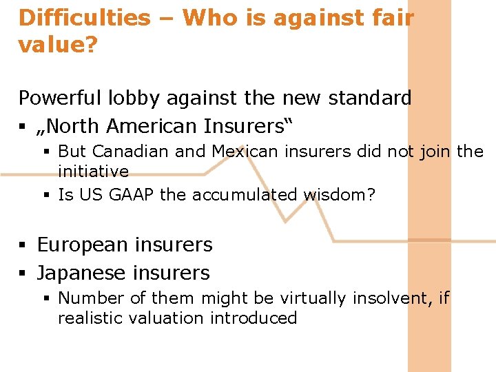 Difficulties – Who is against fair value? Powerful lobby against the new standard § Difficulties – Who is against fair value? Powerful lobby against the new standard §