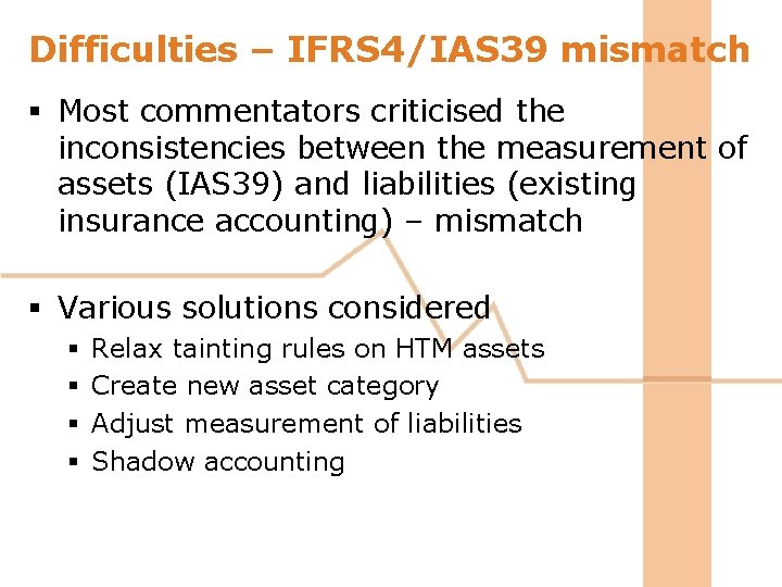 Difficulties – IFRS 4/IAS 39 mismatch § Most commentators criticised the inconsistencies between the Difficulties – IFRS 4/IAS 39 mismatch § Most commentators criticised the inconsistencies between the