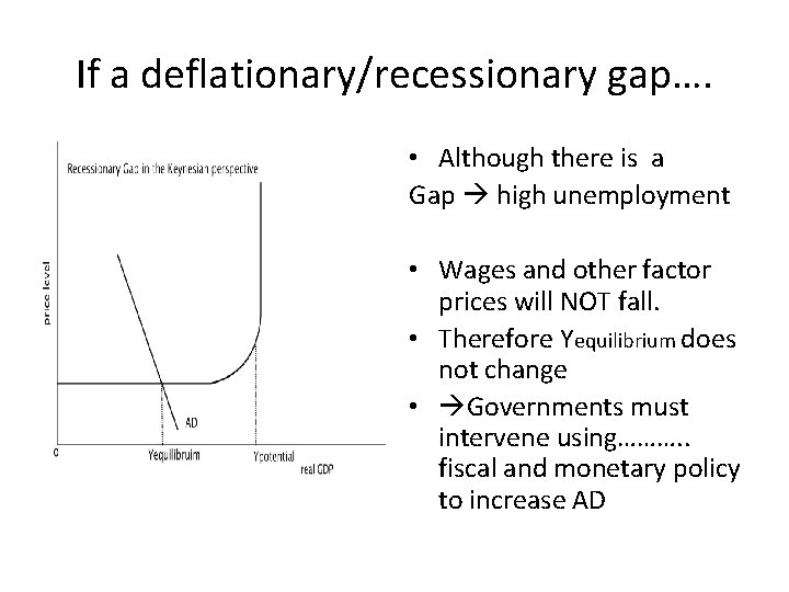 If a deflationary/recessionary gap…. • Although there is a Gap high unemployment • Wages