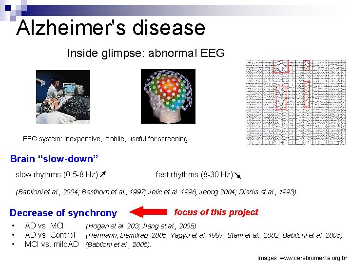 Alzheimer's disease Inside glimpse: abnormal EEG system: inexpensive, mobile, useful for screening Brain “slow-down”