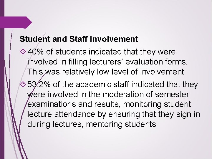 Student and Staff Involvement 40% of students indicated that they were involved in filling