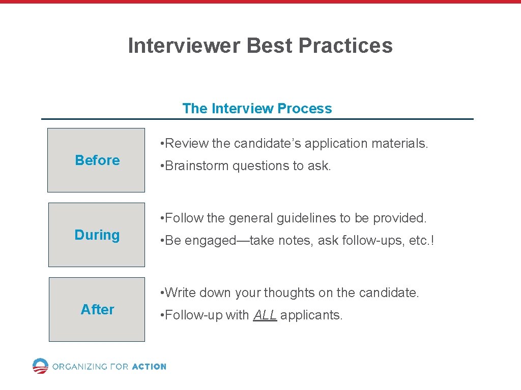 Interviewer Best Practices The Interview Process • Review the candidate’s application materials. Before •