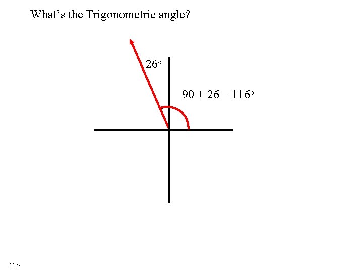 What’s the Trigonometric angle? 26 o 90 + 26 = 116 o What’s the Trigonometric angle? 26 o 90 + 26 = 116 o