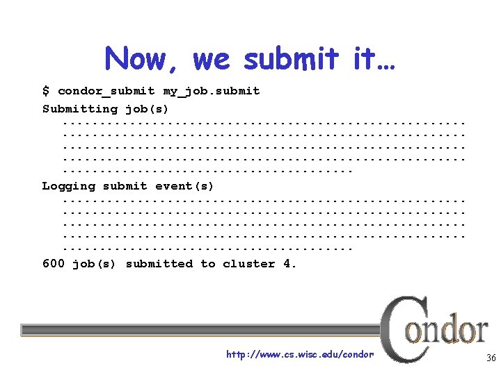 Now, we submit it… $ condor_submit my_job. submit Submitting job(s). . . . .