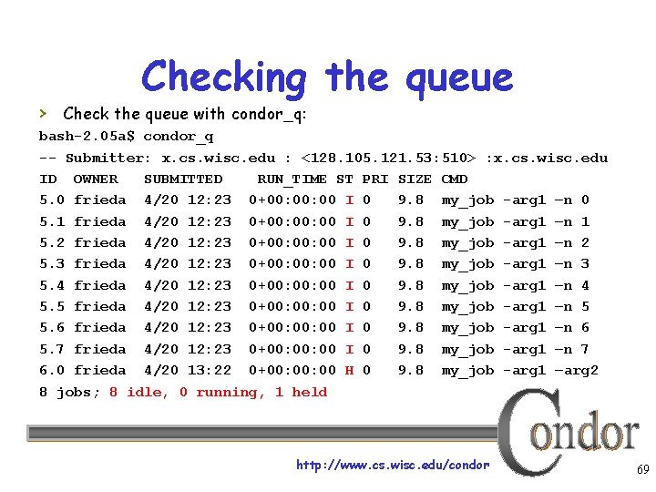 Checking the queue › Check the queue with condor_q: bash-2. 05 a$ condor_q --