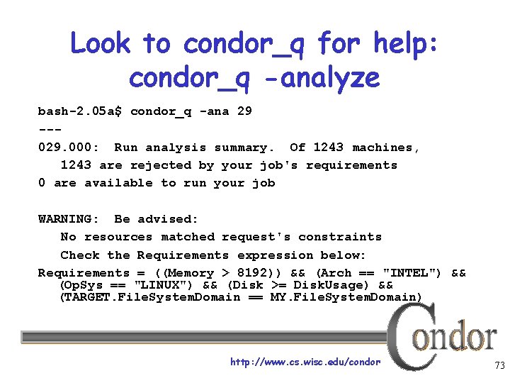 Look to condor_q for help: condor_q -analyze bash-2. 05 a$ condor_q -ana 29 --029.