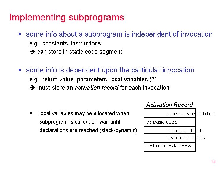 Implementing subprograms § some info about a subprogram is independent of invocation e. g.