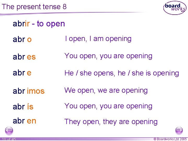 The present tense 8 abrir - to open abr o I open, I am The present tense 8 abrir - to open abr o I open, I am