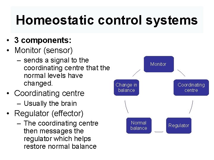 Homeostatic control systems • 3 components: • Monitor (sensor) – sends a signal to