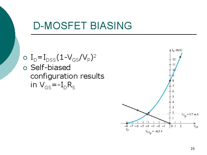 D-MOSFET BIASING ¡ ¡ ID=IDSS(1 -VGS/VP)2 Self-biased configuration results in VGS=-IDRS 19 D-MOSFET BIASING ¡ ¡ ID=IDSS(1 -VGS/VP)2 Self-biased configuration results in VGS=-IDRS 19