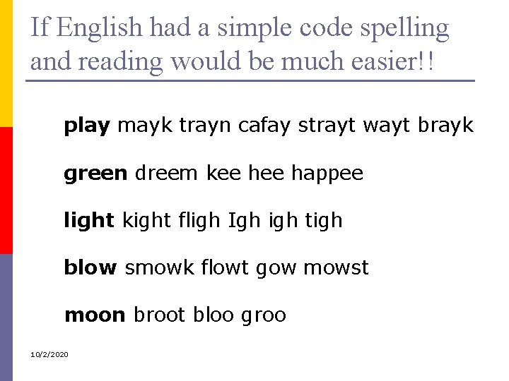 If English had a simple code spelling and reading would be much easier!! play