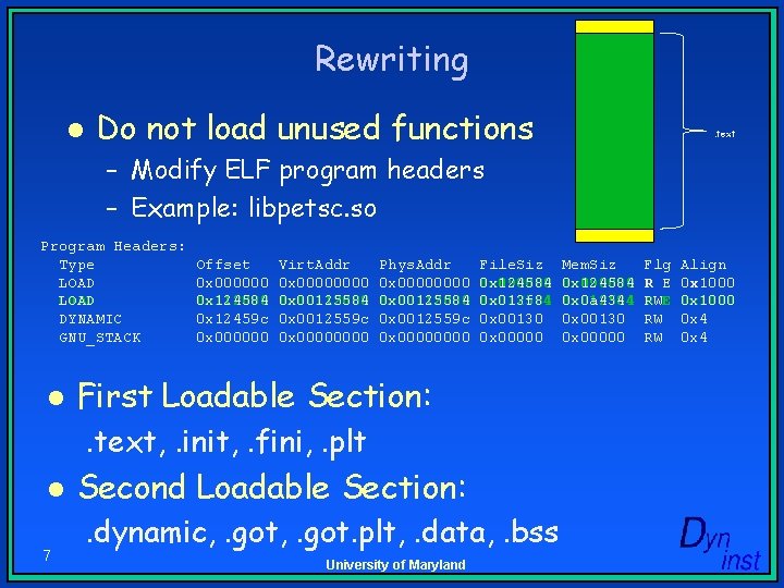 Rewriting l Do not load unused functions . text – Modify ELF program headers