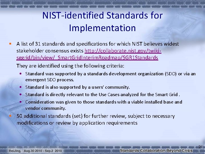 NIST-identified Standards for Implementation § A list of 31 standards and specifications for which