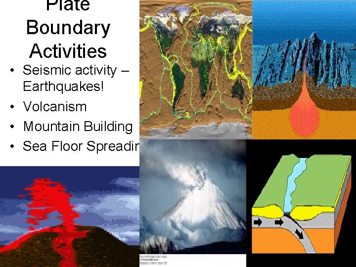 Plate Boundary Activities • Seismic activity – Earthquakes! • Volcanism • Mountain Building • Plate Boundary Activities • Seismic activity – Earthquakes! • Volcanism • Mountain Building •