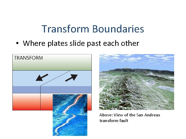 Transform Boundaries • Where plates slide past each other Above: View of the San Transform Boundaries • Where plates slide past each other Above: View of the San