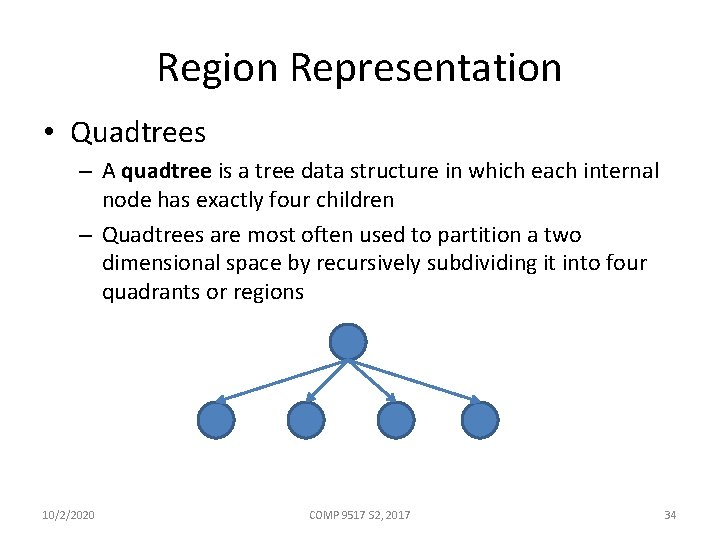 Region Representation • Quadtrees – A quadtree is a tree data structure in which