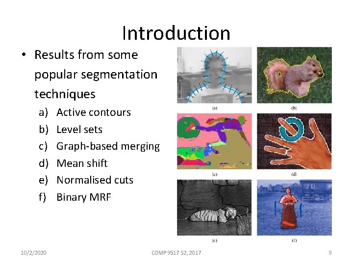 Introduction • Results from some popular segmentation techniques a) b) c) d) e) f)