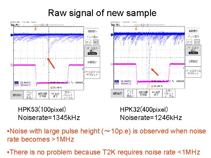 Raw signal of new sample HPK 53(100 pixel) Noiserate=1345 k. Hz HPK 32(400 pixel)