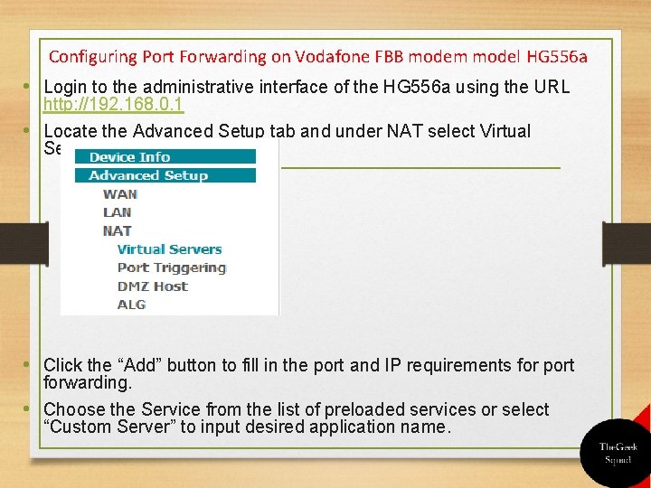 Configuring Port Forwarding on Vodafone FBB modem model HG 556 a • Login to