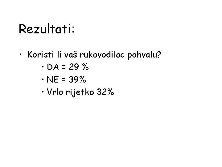 Rezultati: • Koristi li vaš rukovodilac pohvalu? • DA = 29 % • NE