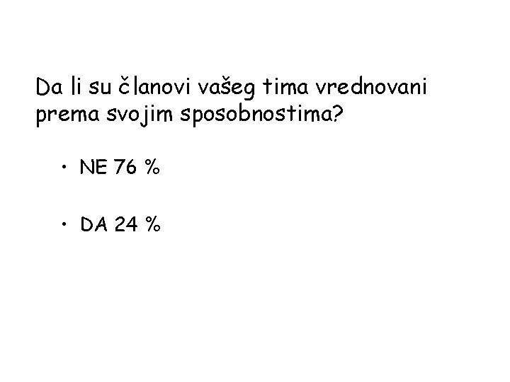 Da li su članovi vašeg tima vrednovani prema svojim sposobnostima? • NE 76 %