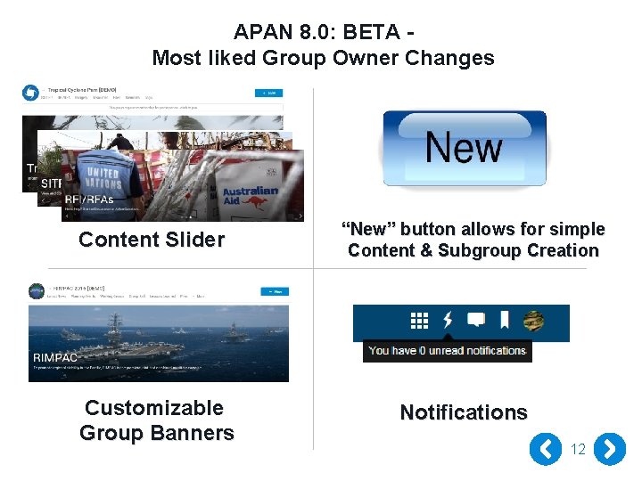 APAN 8. 0: BETA Most liked Group Owner Changes Content Slider Customizable Group Banners