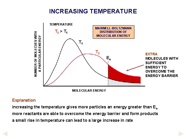 INCREASING TEMPERATURE NUMBER OF MOLECUES WITH A PARTICULAR ENERGY TEMPERATURE MAXWELL-BOLTZMANN DISTRIBUTION OF MOLECULAR