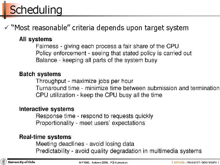 Scheduling ü “Most reasonable” criteria depends upon target system University of Oslo INF 1060,