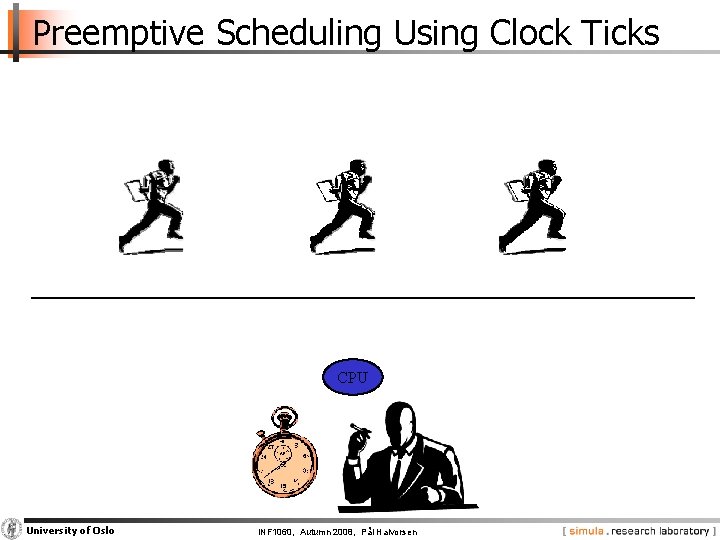 Preemptive Scheduling Using Clock Ticks CPU University of Oslo INF 1060, Autumn 2008, Pål